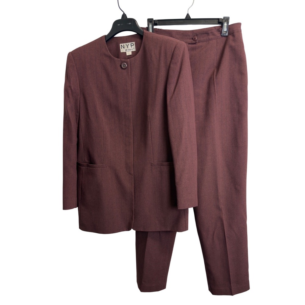 NYP Suits Womens Burgundy Plum 2 Piece Pant Suit Set Collarless Blazer Size 12